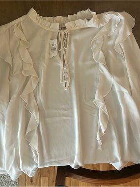 LOFT White Ruffle Tie-Neck Blouse